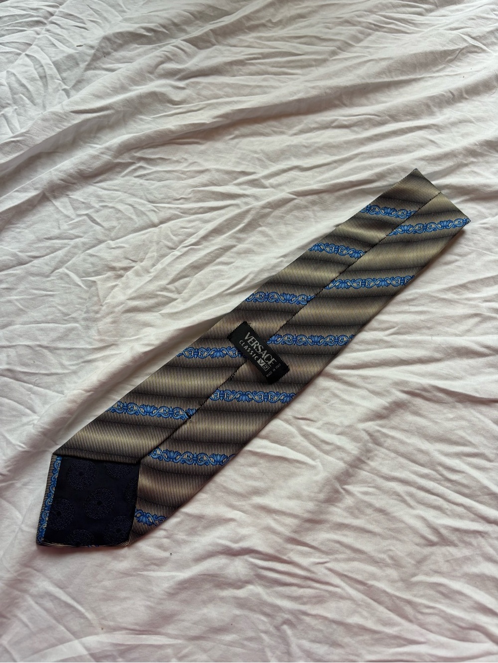Versace Gray Tie with Blue Striped Medallion Pattern
